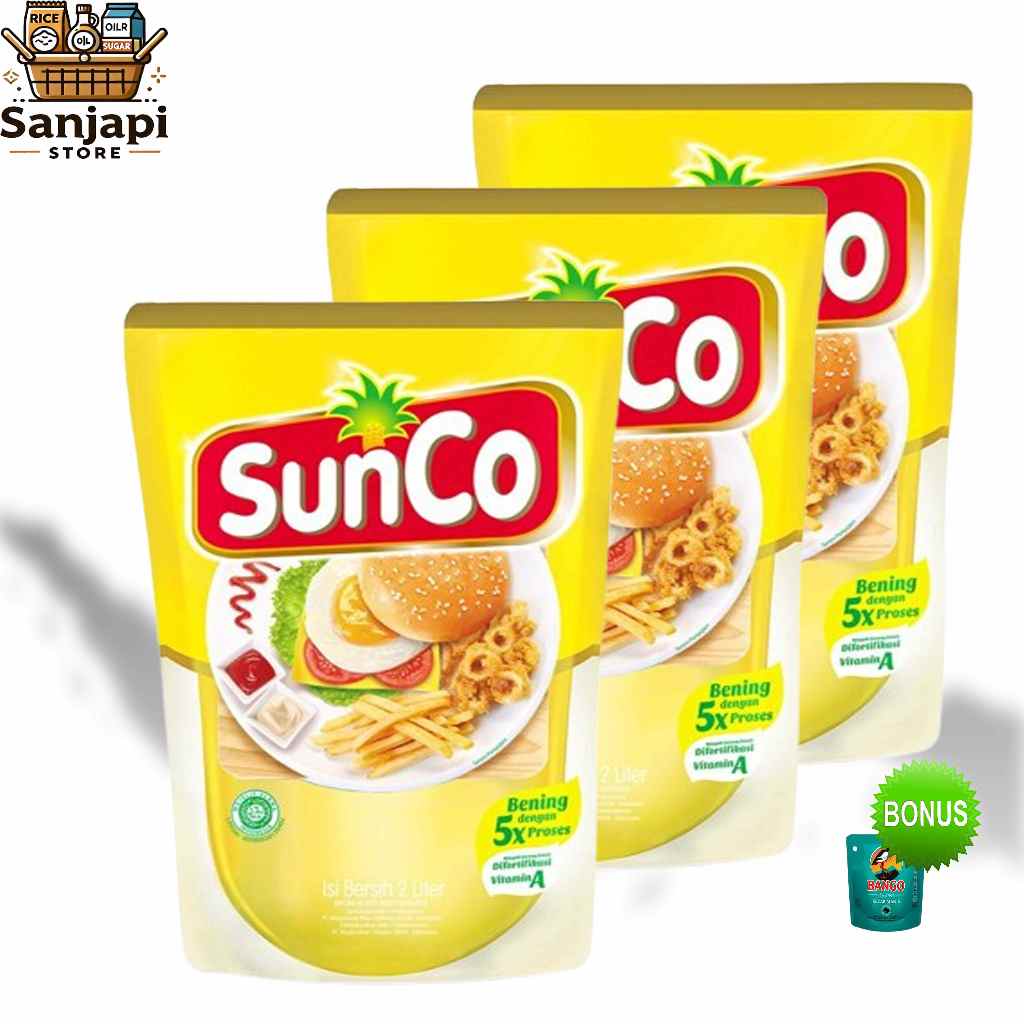 

(Paket Isi 3) SunCo Minyak Goreng 2 Liter Pouch + Bonus Kecap Bango 77g