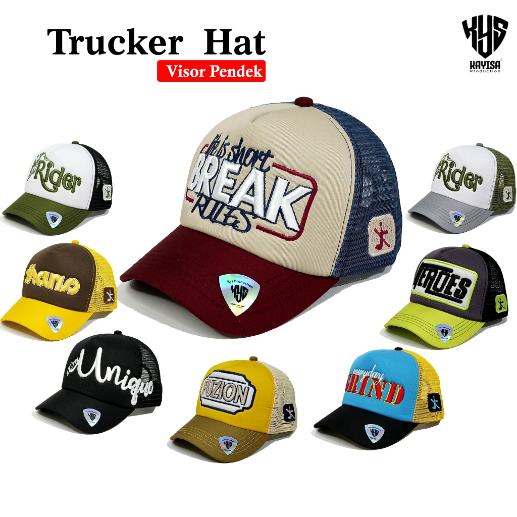 Topi Trucker Full Bordir Break - Jaring Bordir Pria Wanita Terbaru-Lidah/Visor Pendek Kekinian