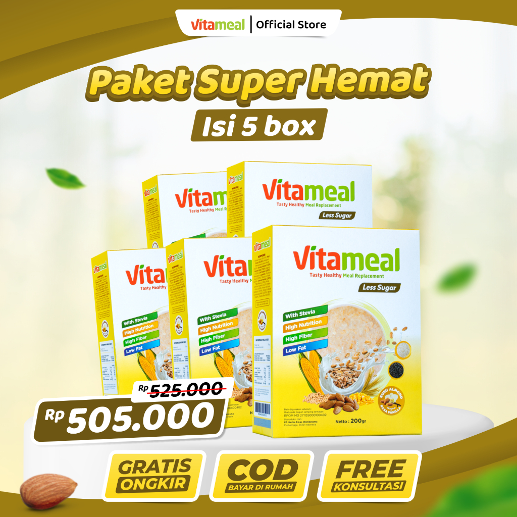 

Vitameal - Vitameal Les Sugar Paket 5 box Paket Super Hemat Membantu Mencegah Masalah Kolesterol dan Gula Darah Tinggi Lebih Rendah Gula Aman dikonsumsi kapan saja Sudah Bpom Murah Sedang Promo