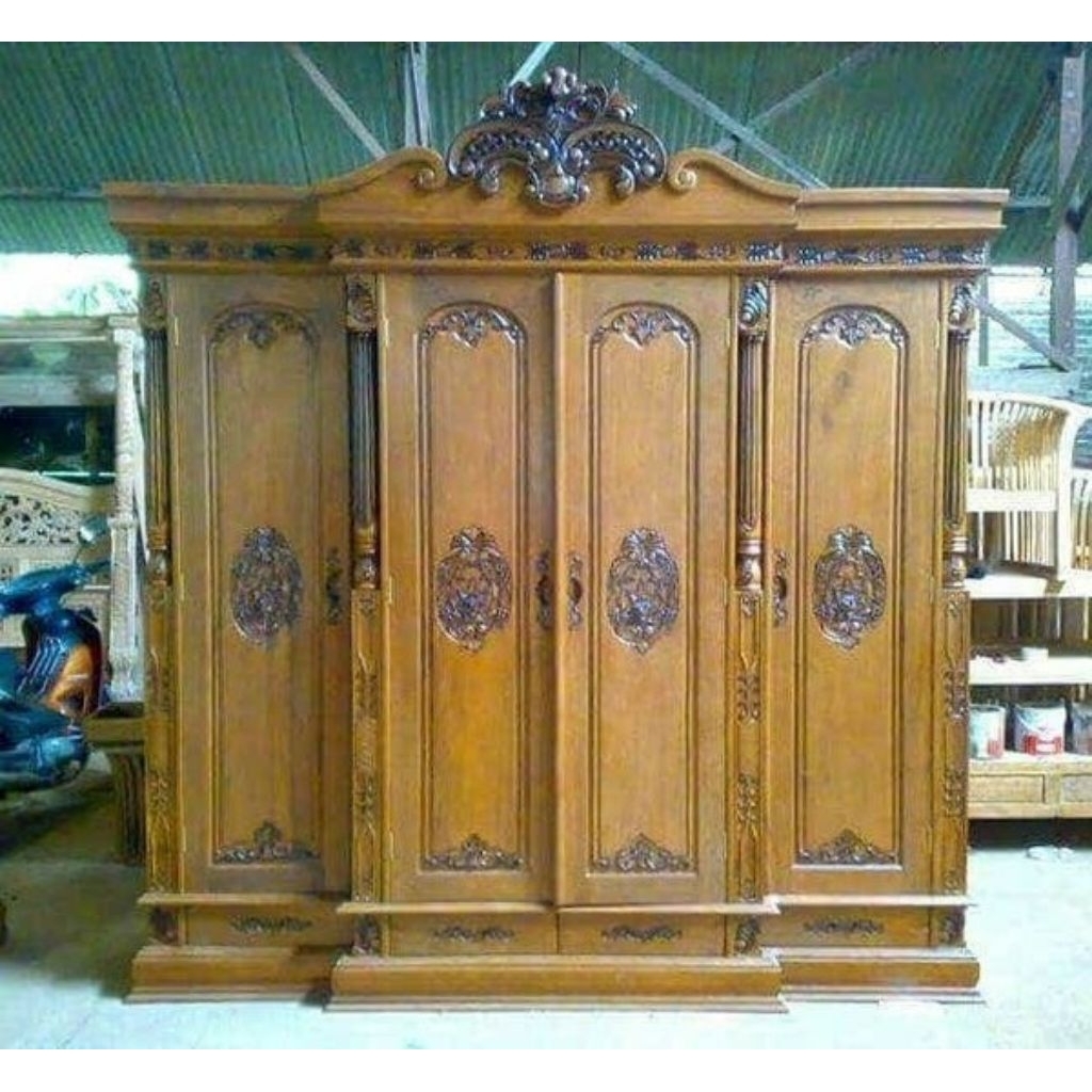 Lemari 4 pintu Kayu Jati / Lemari baju Estetik Kayu Jati Jepara / Almari Pakaian aesthetic