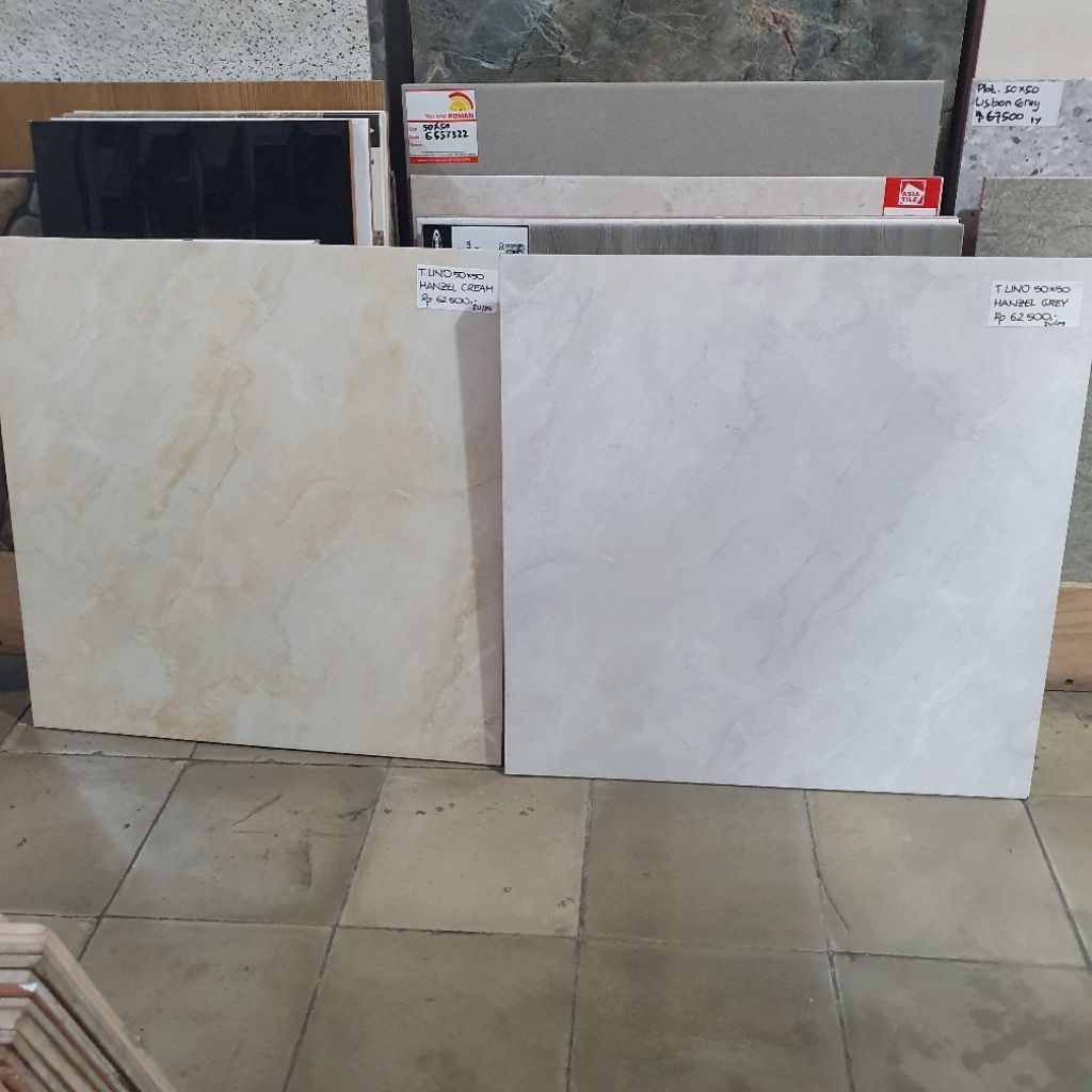 keramik cutting lantai ruang tamu kamar tidur teras rumah UNO 50x50 HANZEL GREY abu CREAM marble glo