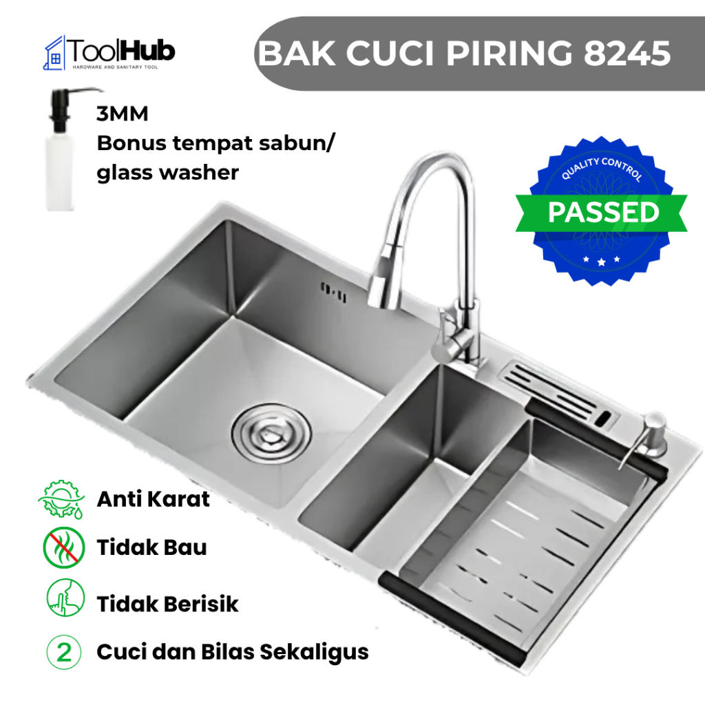 NEW PORODUK KITCHEN SINK CUCI PIRING 8245 STAINLESS STEEL KOMPLIT ANTI KARAT 2 LUBANG SINK WASTAFEL