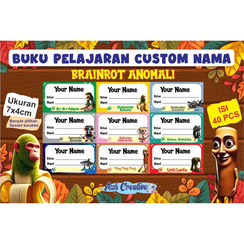 

STIKER LABEL NAMA BUKU PELAJARAN KARAKTER / BRAINROT / ANOMALI / STIKER MAPEL / ISI 40 PCS