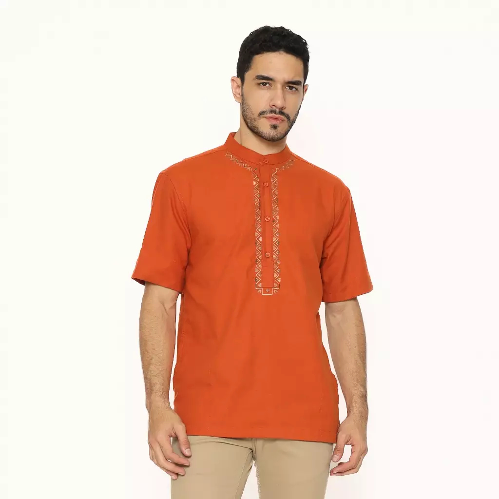 Gleizthinc Kemeja Koko Pria Mandarin Terracota