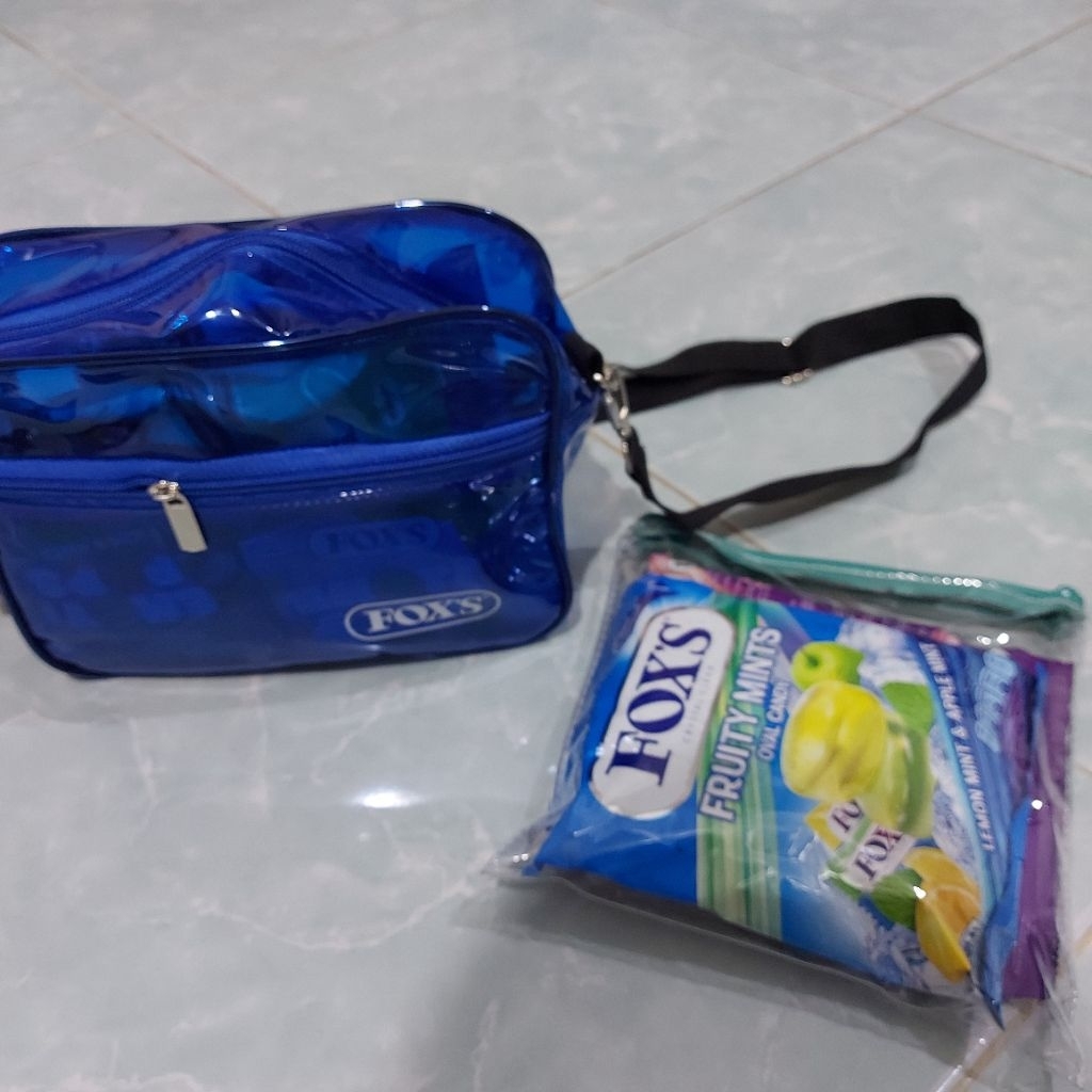 

slingbag fox biru dan pouch crystal clear