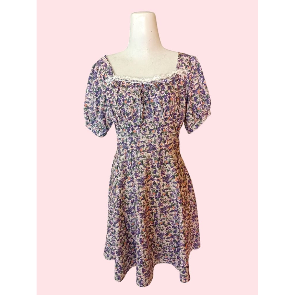 Mini dress bunga dress A Line/dress floral Square neck lilac/dress
