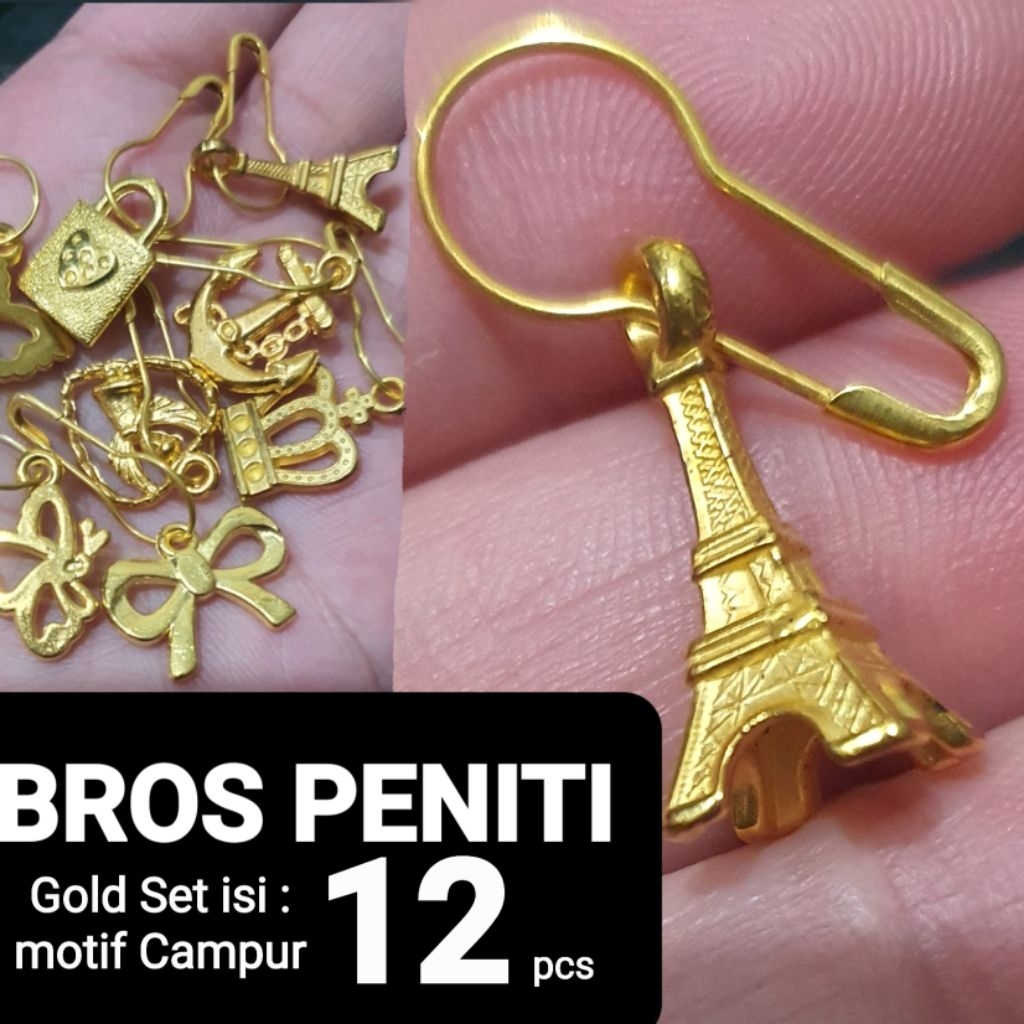 Bros PENITI JILBAB kerudung peniti dagu bros isi 12 gold motif campur multifungsi anting jilbab Pin 