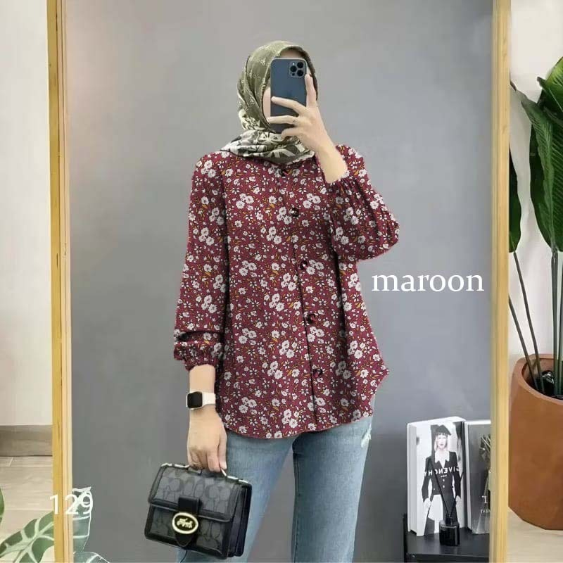 Promo Blouse Atasan Wanita Oversize Blus Motif Bunga Lengan Panjang Olive