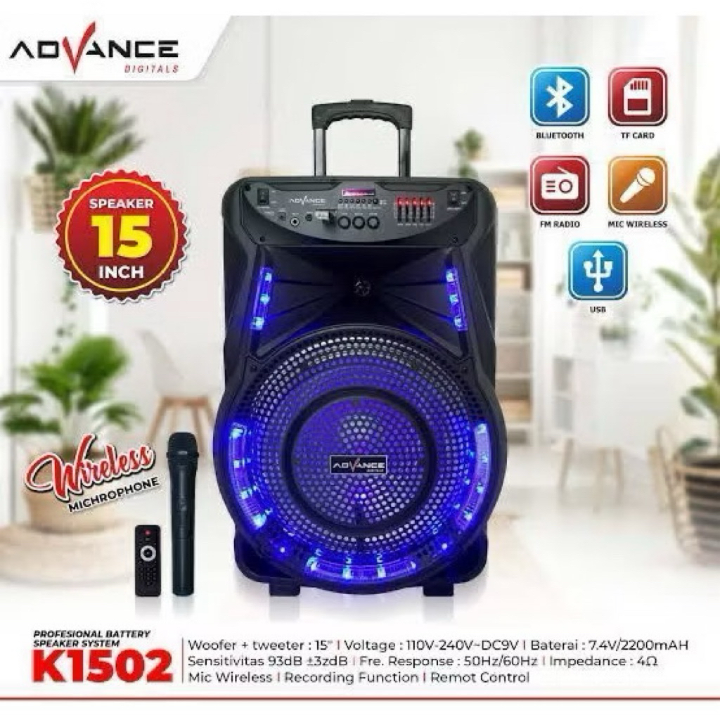 ADVANCE SPEAKER TROLI PORTABLE K1502 15 Inch / 1502 2 MIC