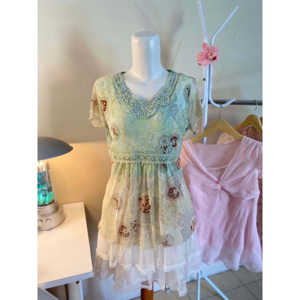 ada baju axes femme blouse fairy core skirt rok mini patchwork perca dress floral outer set Rosa che