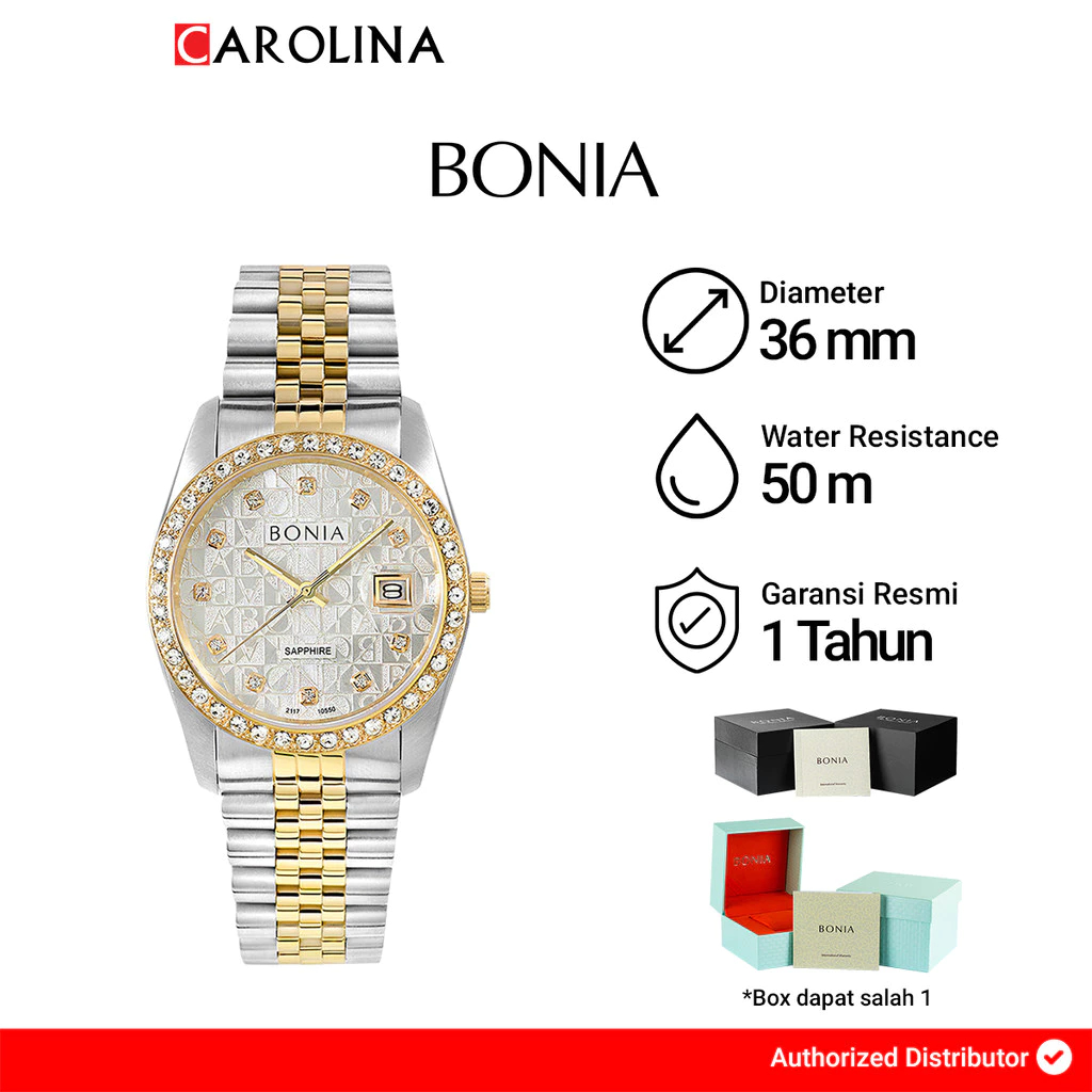 Jam Tangan Wanita Bonia B10550-1116S Silver with Swarovski Crystal Dial Dual Tone Stainless Steel St