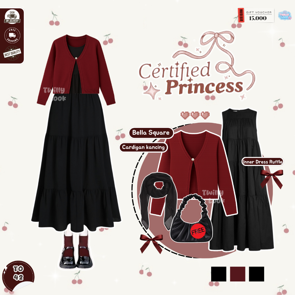 TWILLY - One Set Casual Style Hijab | Hijab Bella Square Hitam, Cardigan Manja Maroon, Inner Dress R