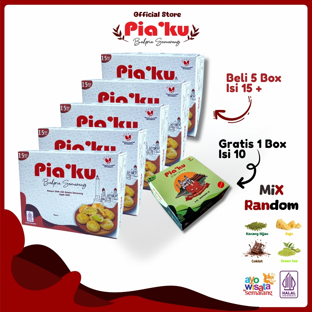 

Bakpia Piaku Semarang - [ 5 Box ] Paket Bakpia Semarang Mix Varian Isi 15 Gratis 1 Box Isi 10 - Oleh Oleh Khas Semarang