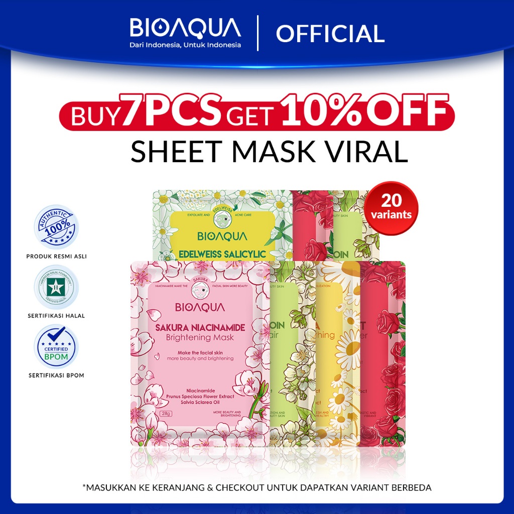 BIOAQUA Sheet Mask Masker Wajah Flowers Series (28g/pcs) Hydrating Essence Face Mask Brightening dan