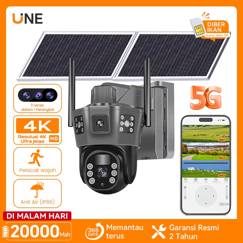 UNE CCTV Outdoor Solar Wifi Jarak Jauh Lewat Hp Kamera 360° Mini Bracket Lampu Waterproof Wireless