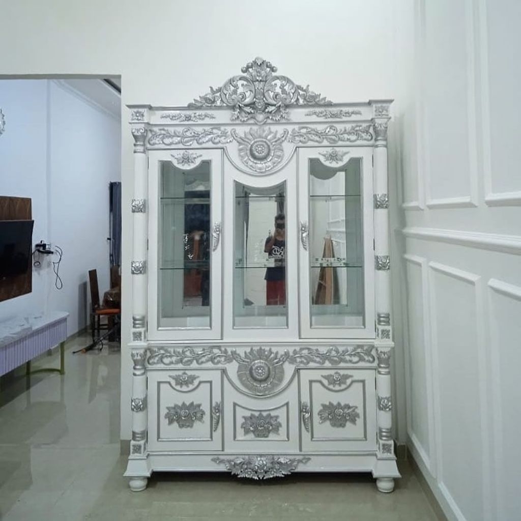Lemari Hias Ukir Kayu Jati / Lemari Pajangan Kayu Jati Minimalis Modern / Lemari Kaca Hias Kayu Jati