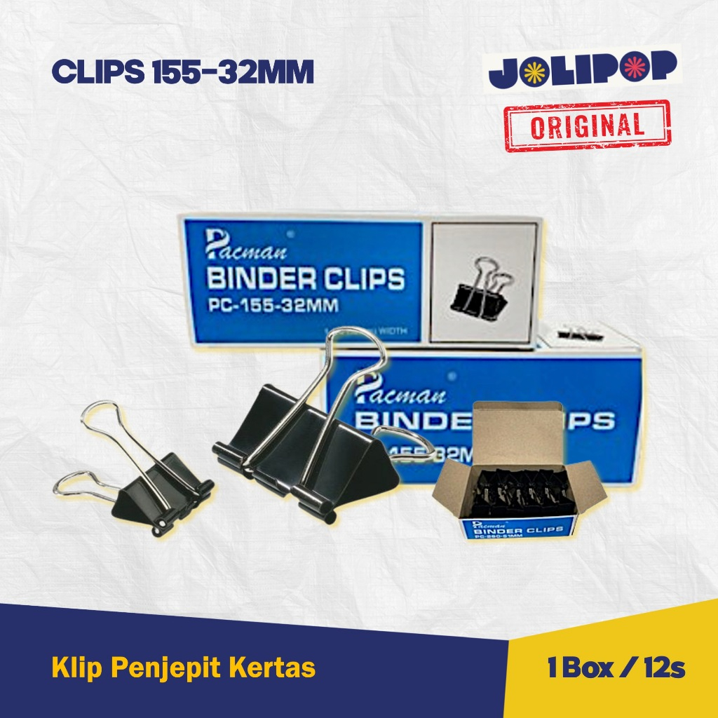 

Pacman Binder Clips 155-32mm / 1 Box Isi 12pcs / Penjepit Kertas Kecil Besar Sedang / Clips Tebal