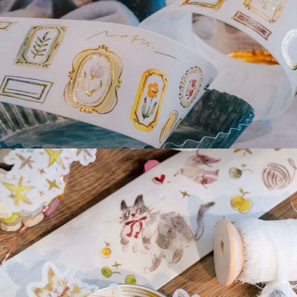 

[Sample per loop] Meow Illustration Washi & PET Tape with kiss cut - frames . the starry night