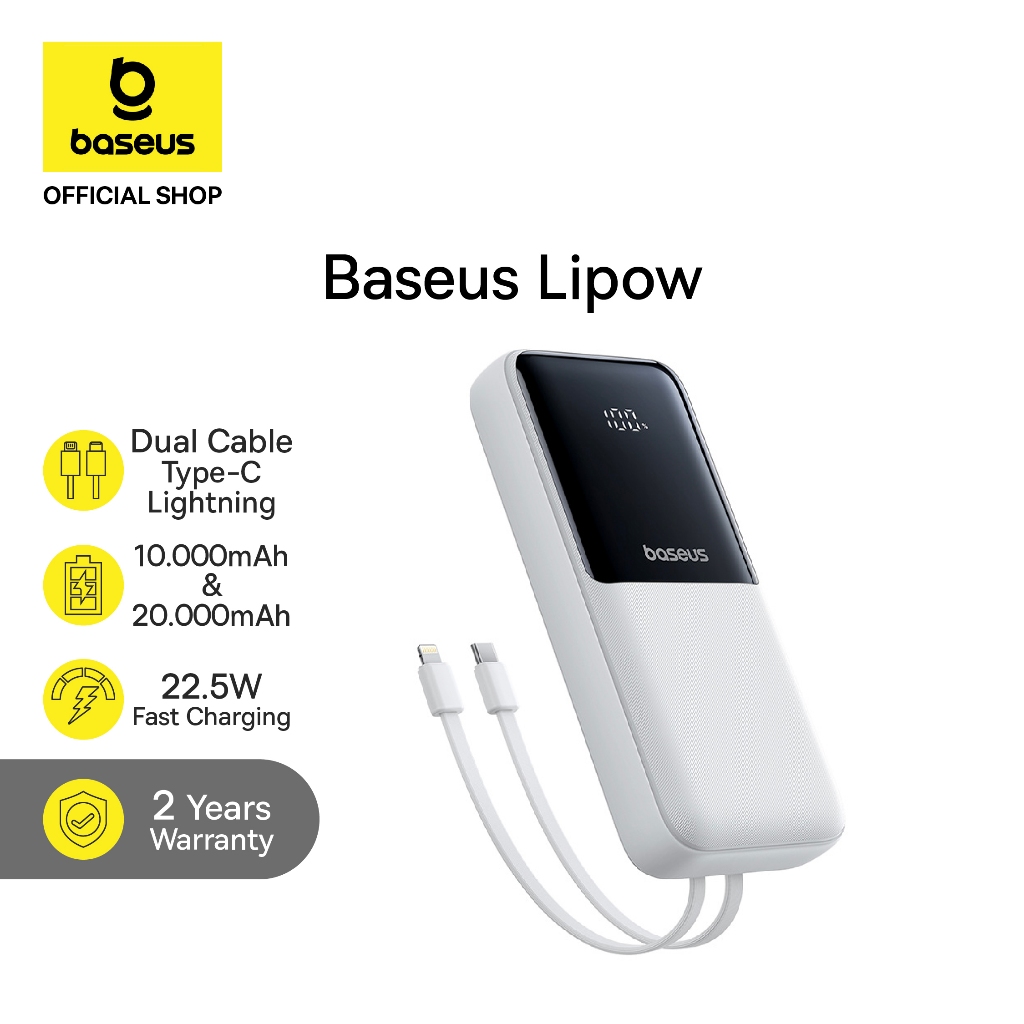 Baseus Power Bank Lipow 10000mAh & 20000mAh 22.5W Dual-Cable Type-C Lighting Digital Display