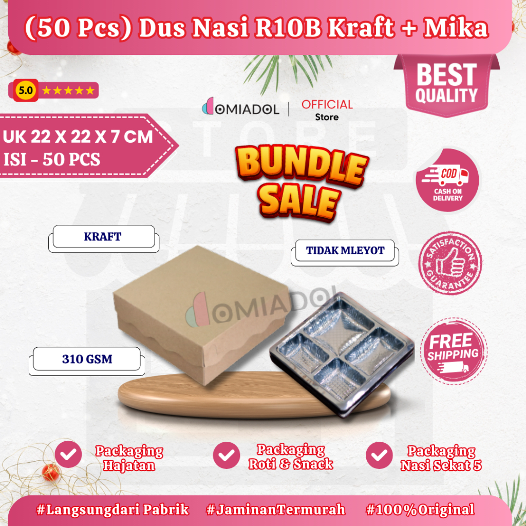 

(BUNDLE SALE 50 PCS) - Box Dus Nasi Kotak R10B Kraft Premium 350 Gsm - Ukuran 22x22x7,5 + Mika Sekat 5