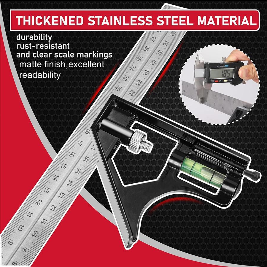 

JLD Penggaris Siku Tukang Multifungsi Penggaris Mistar Siku Waterpass Kombinasi Siku Tukang + Waterpass Combination Square Ruler 12-Inch Aluminum Combination Square with Bubble Level Logam - Siku Tukang 12IN