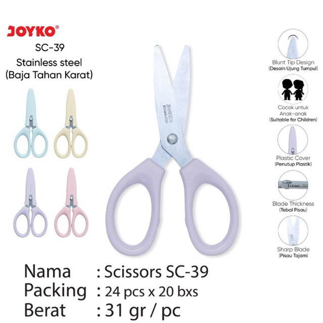 

SC-39 Warna Random Gunting Anak Ujung Bulat Tumpul / Scissor Joyko Plastic Handle Round Head SC39 Joyko
