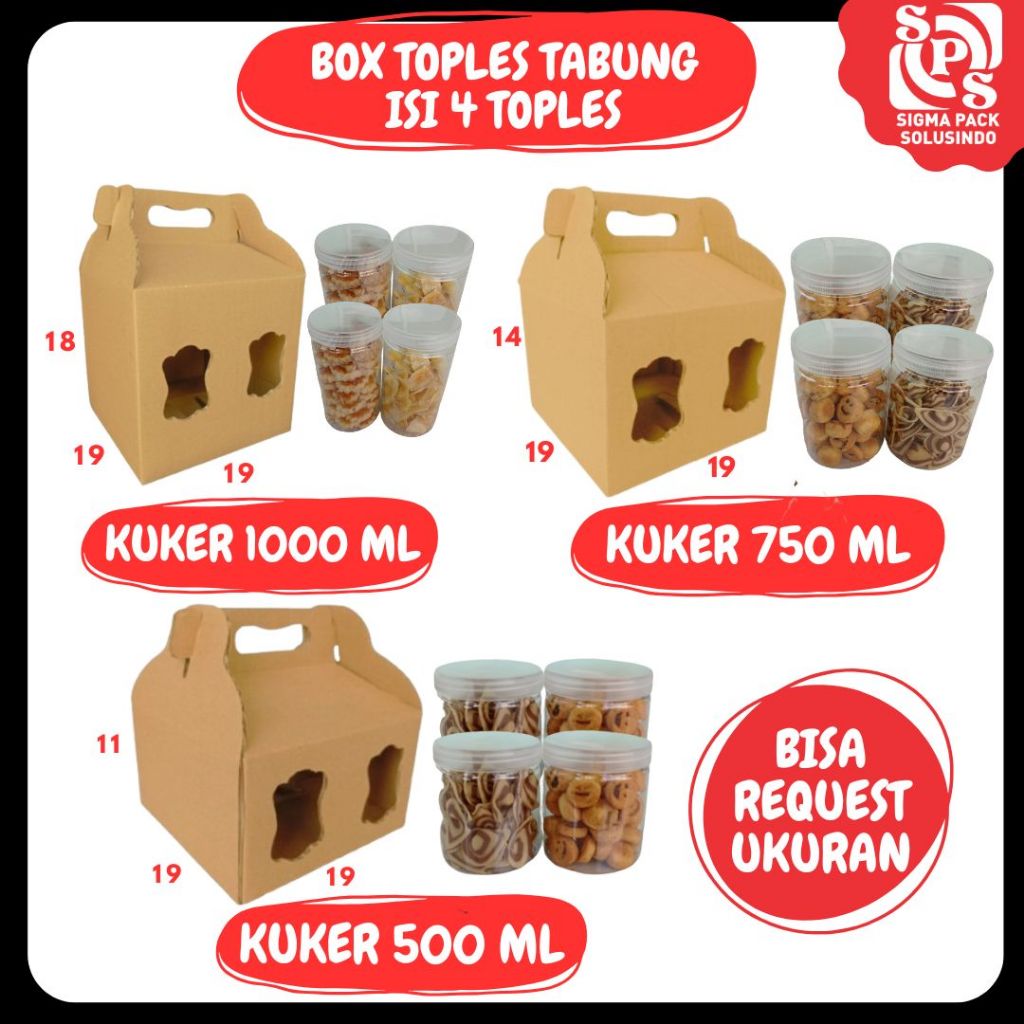 

Box Kuker Jar Isi 4 19x19x18 (1000ml) 19x19x14 (750ml) 19x19x11 (500ml) Jinjing Toples Jar Kardus Kue Kering