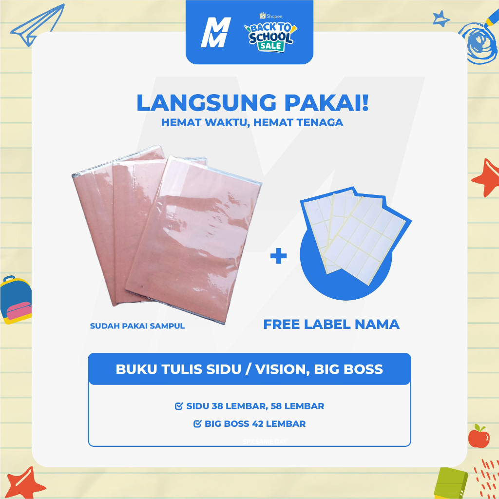 

Buku Sudah Disampul Plastik + Sampul Coklat | Buku Tulis/Buku Catatan SIDU/Vision 38 & 58 Lembar Bigboss | Free Label Nama (per pack)