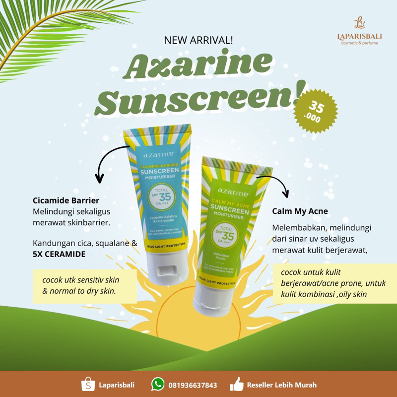 100% ORI  | Azarine Sunscreen | Azarine Calm My Acne Sunscreen Moisturizer | Azarine Cicamide Barrie