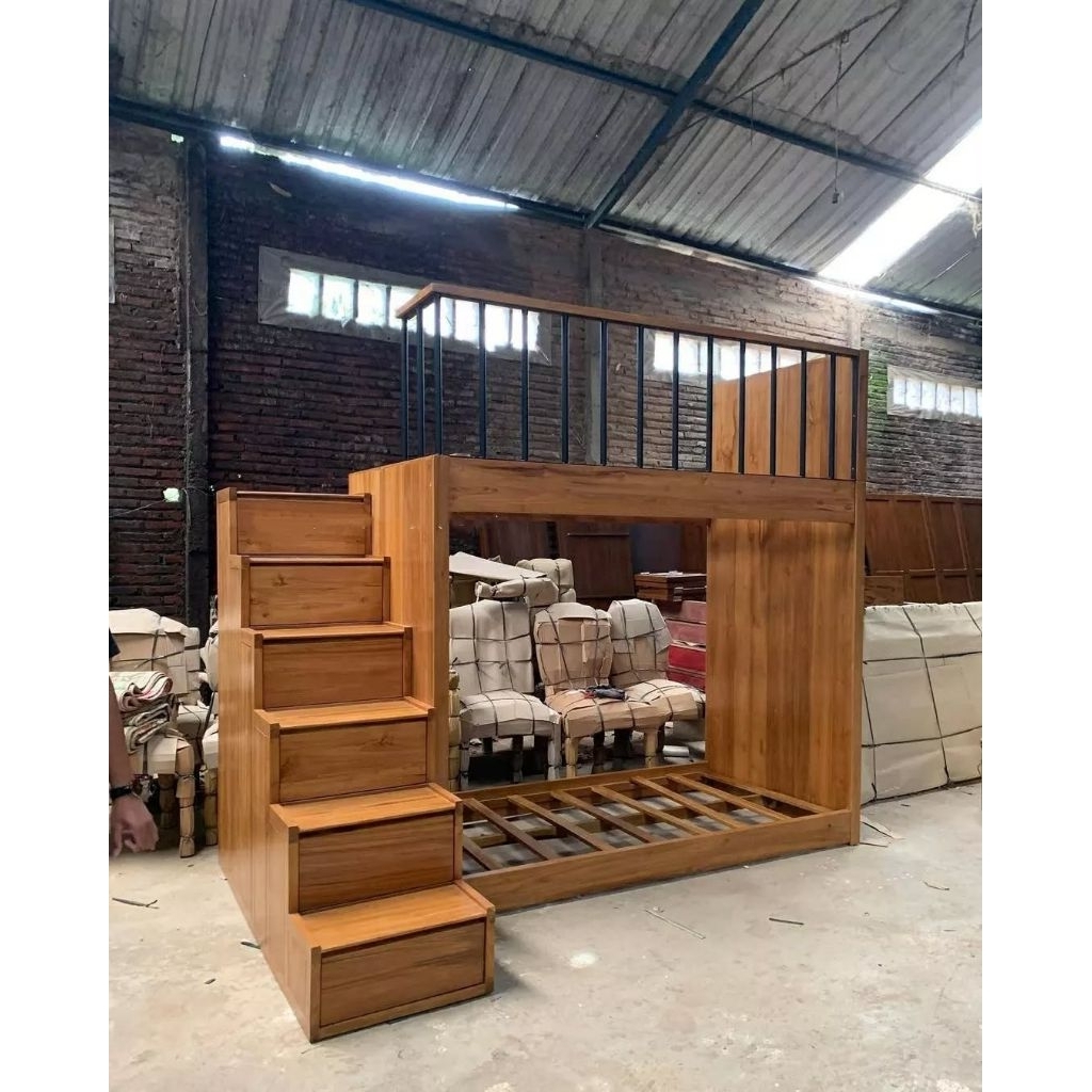 Ranjang Tingkat Kayu Jati Minimalis Tangga Laci Multifungsi – Dipan Susun Anak & Remaja