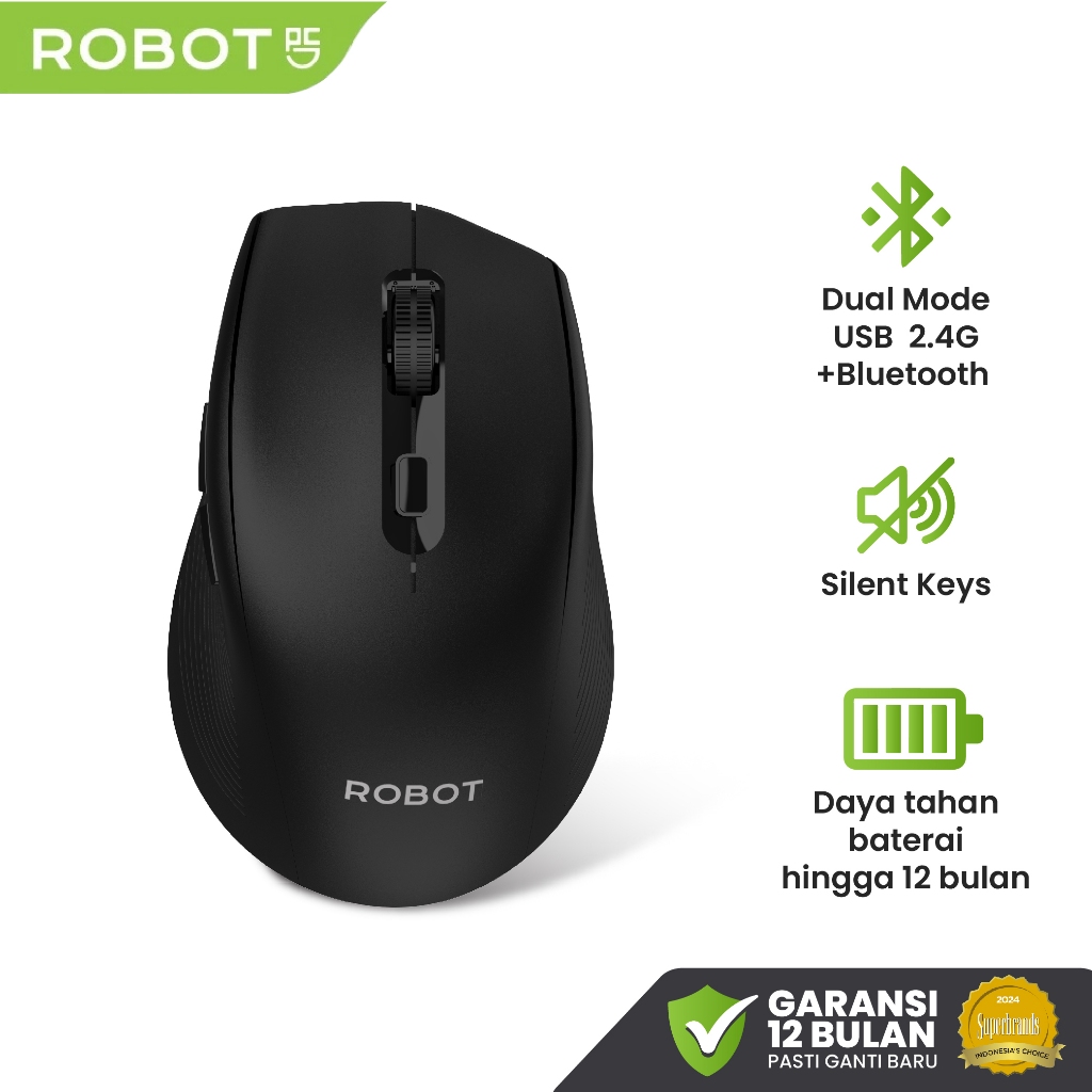 ROBOT Mouse Wireless Bluetooth Dual Mode USB Receiver Silent Click 1600DPI Desain Ergonomis Cocok Un