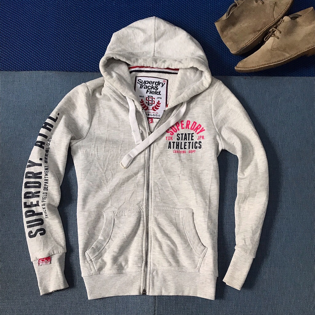 Vintage Superdry Japan Grey Charchoal Hoodie Jumper Jacket track and field  Size M  Cold weather jac