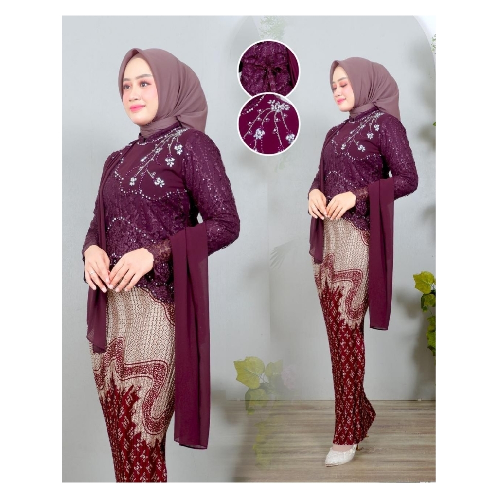 Setelan Kebaya Namira Payet Bahan Tile Mix Ceruty Dengan Rok Plisket