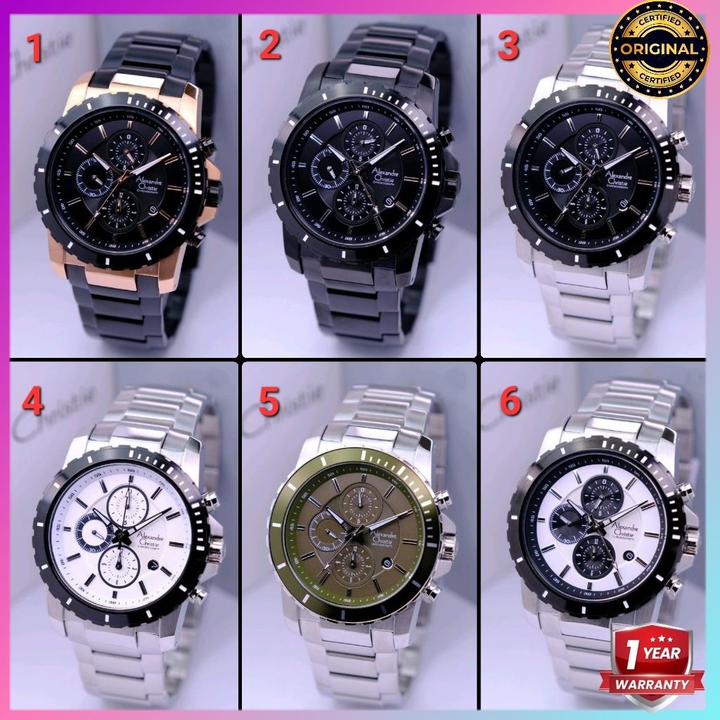 ORIGINAL GARANSI RESMI 1 TAHUN JAM TANGAN PRIA ALEXANDRE CHRISTIE CHRONOGRAP RANTAI STAINLESS STEEL 