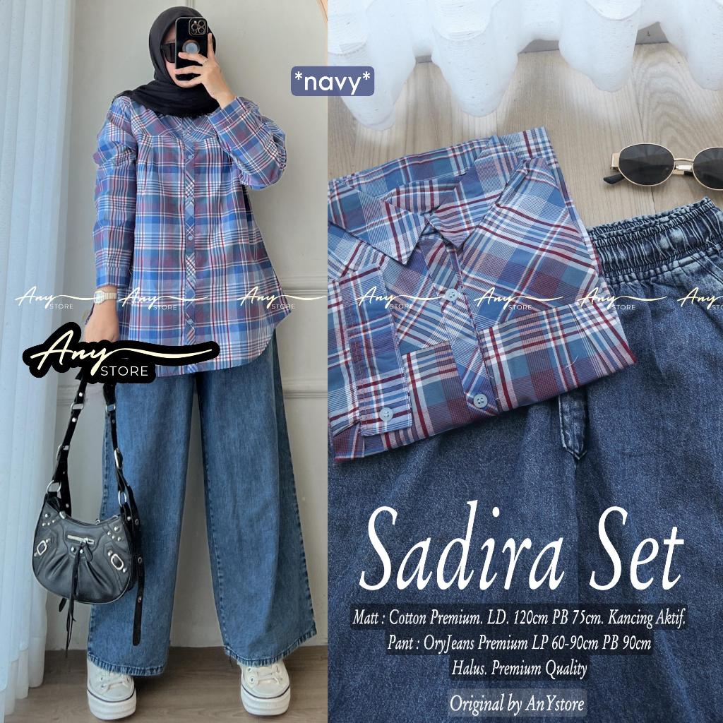 Setelan Kemeja Wanita Sadira Set Bahan Katun Motif Kotak Celana Jeans Ukuran Jumbo LD 120 cm
