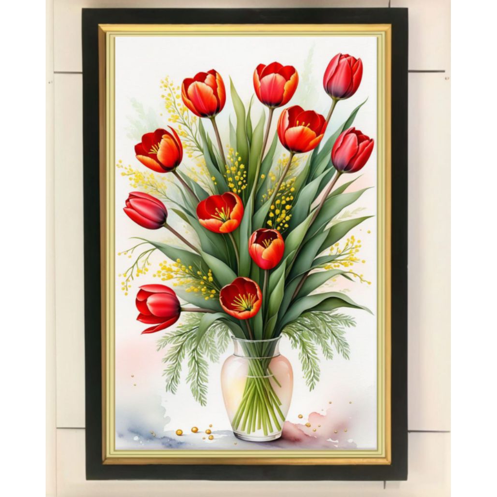 hiasan dinding lukisan cetak vas bunga tulip merah plus bingkai ukuran 65×45