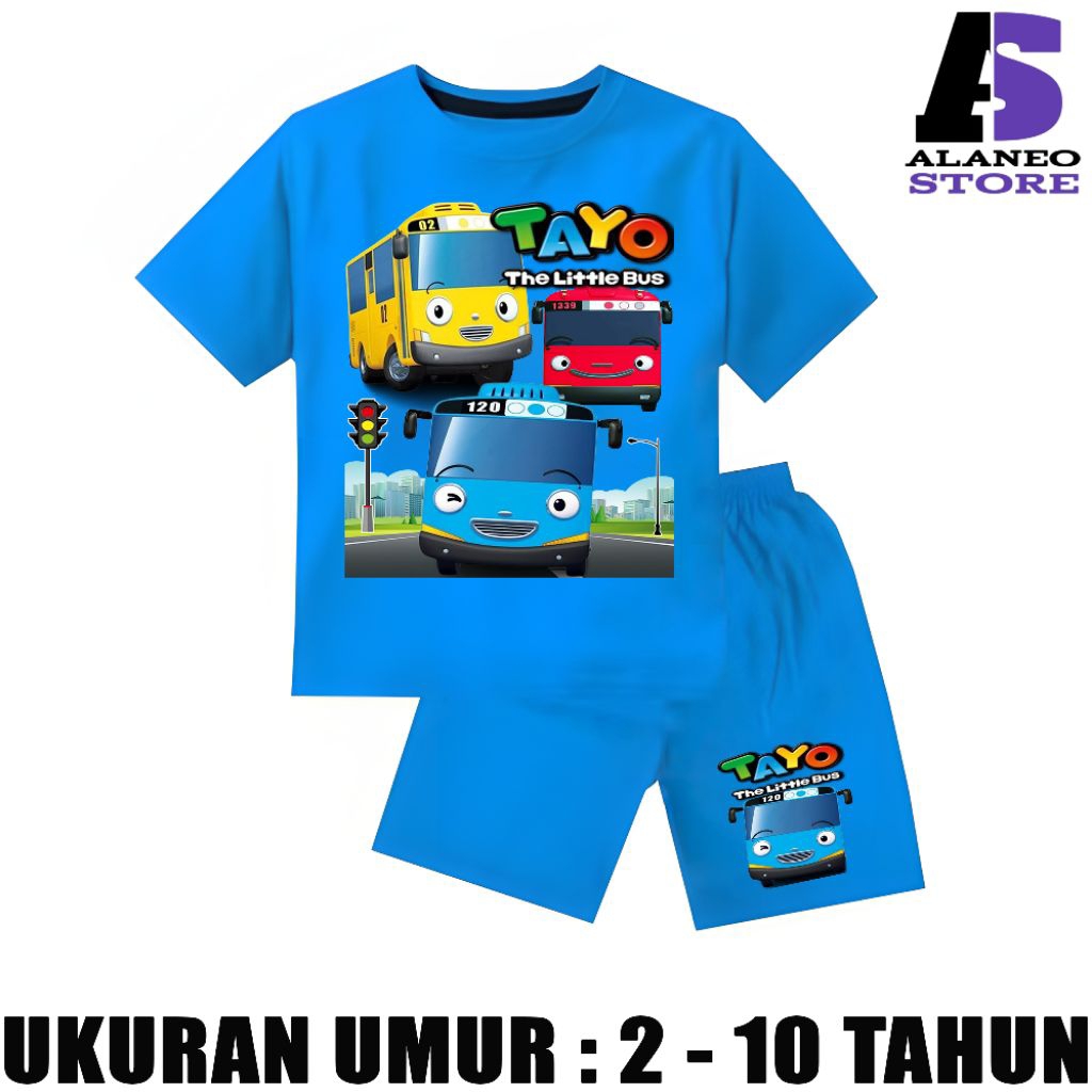 Setelan baju murah stelan kaos anak laki laki perempuan murah umur 2-10 Tahun motif tayo gambar tayo