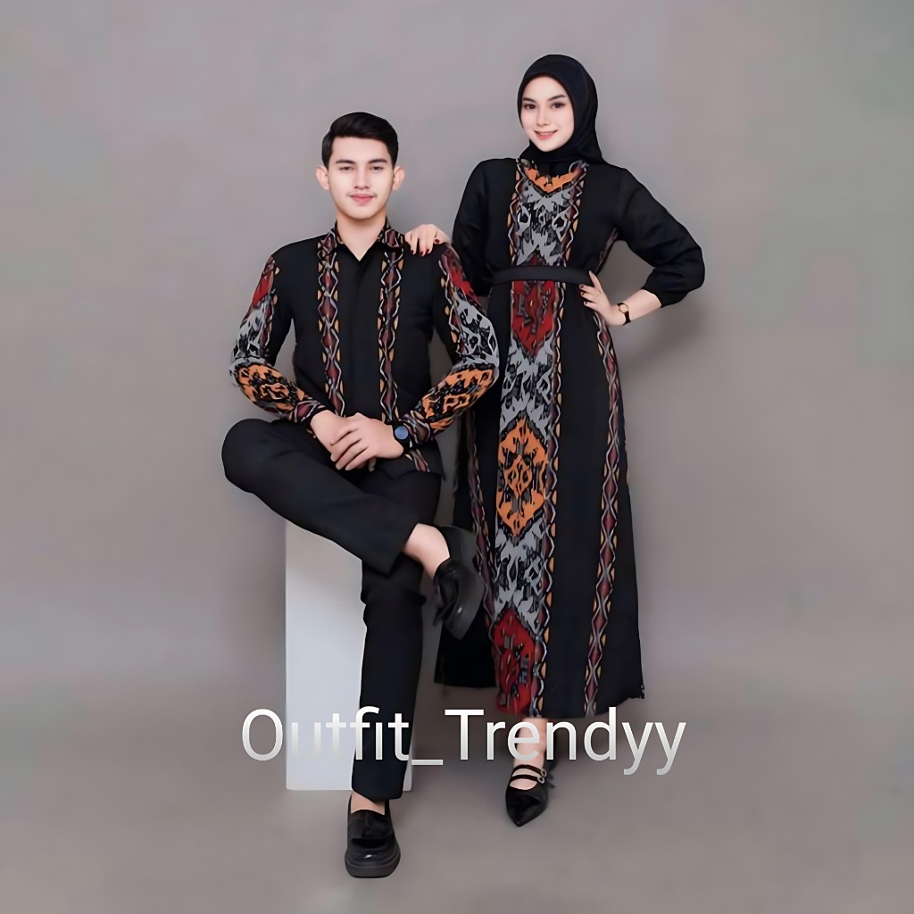 BAJU TENUN COUPLE SET COUPLE BATIK TENUN BELVIA MIX HITAM MARON KEMEJA PRIA DAN GAMIS KONDANGAN BAJU