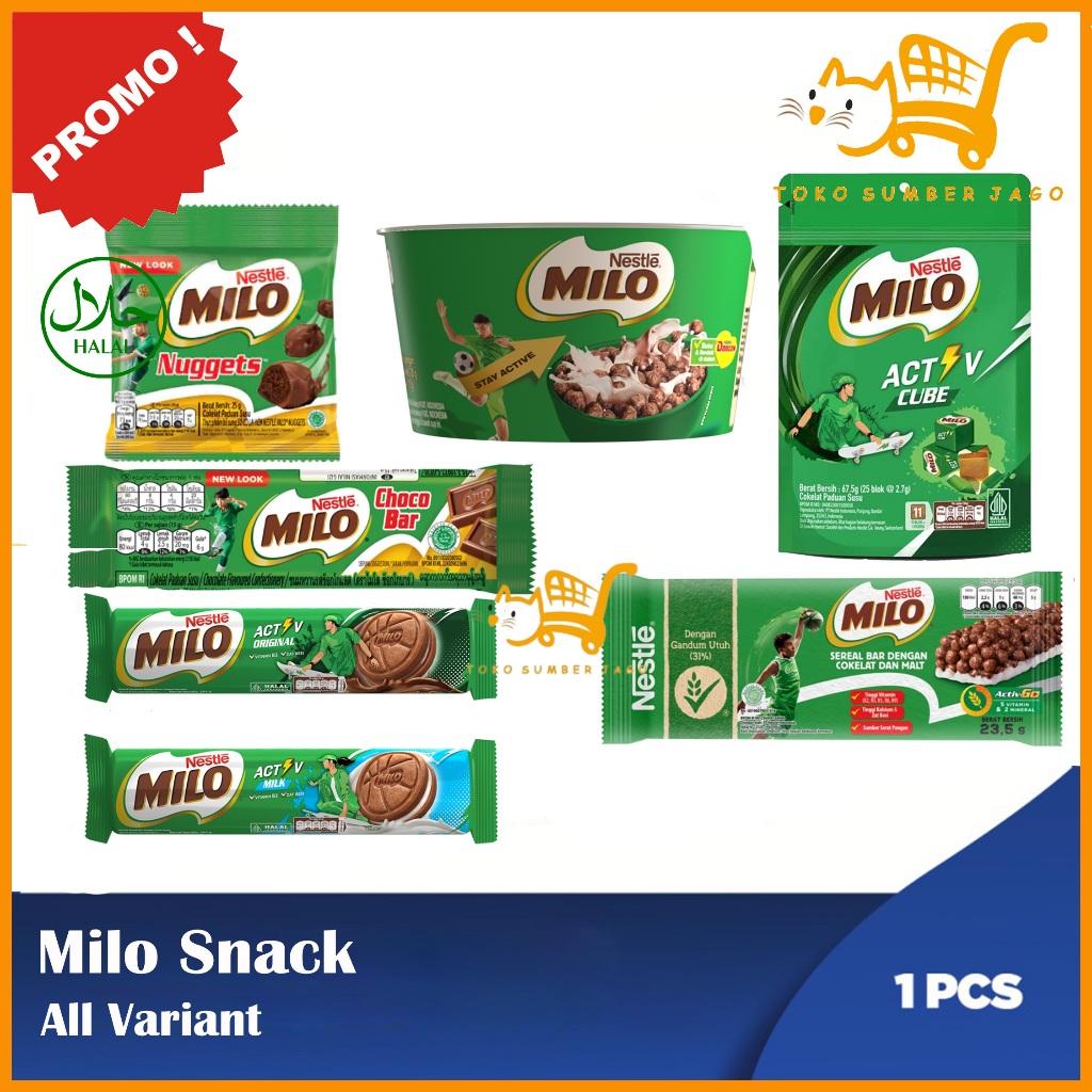 

Milo Active Cube 67,5gr / Milo Nuggets Cokelat 25gr / Milo Sereal Cup 30gr / Milo Activ Biskuit 104gr / Milo Sereal Bar 23,5gr