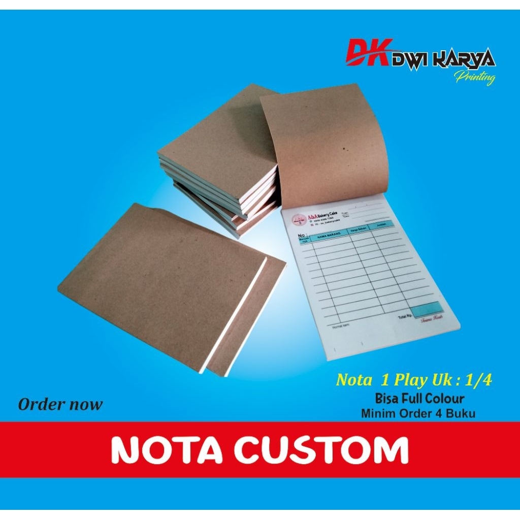 

BUKU NOTA MURAH 1/4 FOLIO 1 PLAY ISI 50 LEMBAR. BISA CUSTOM NAMA USAHA, ALAMAT NOMER TELEPON DLL