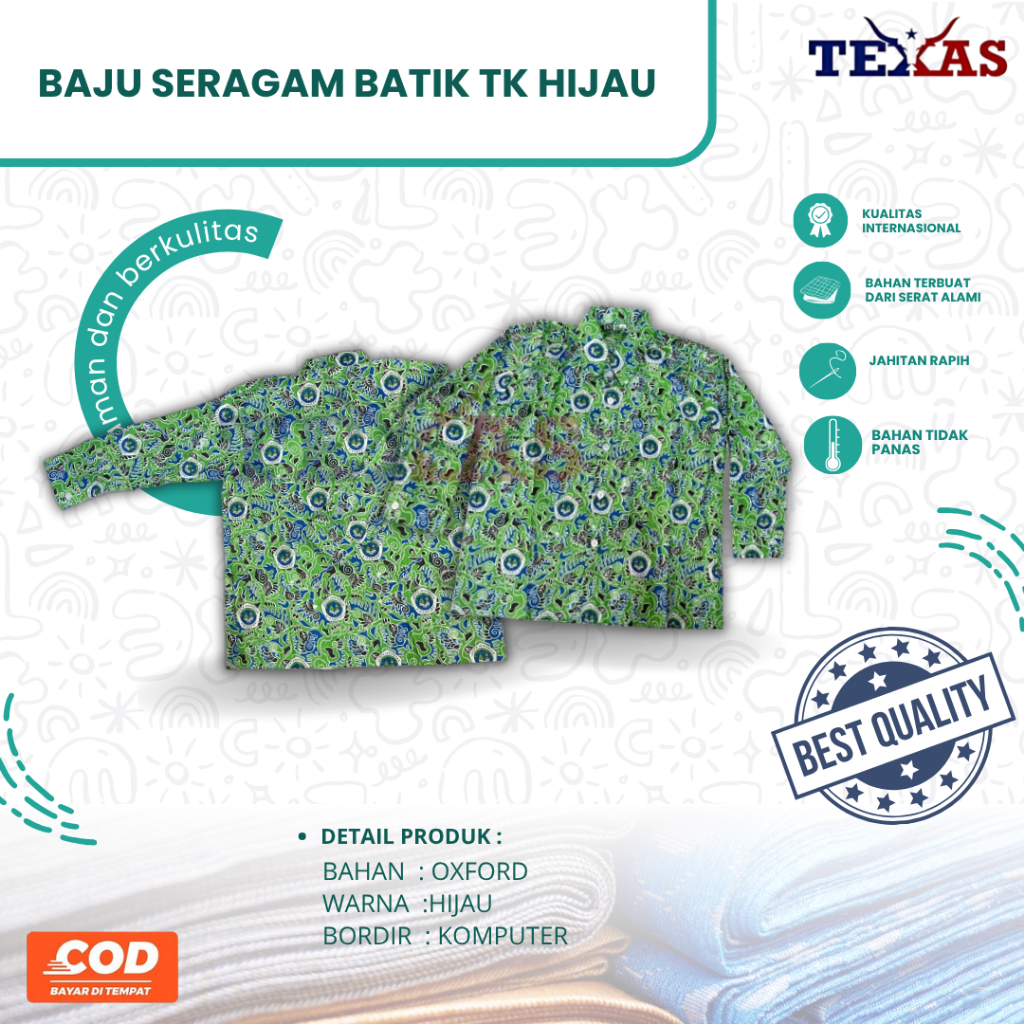 SERAGAM TK BATIK HIJAU  LENGKAP | SERAGAM ATASAN KEMEJA PANJANG