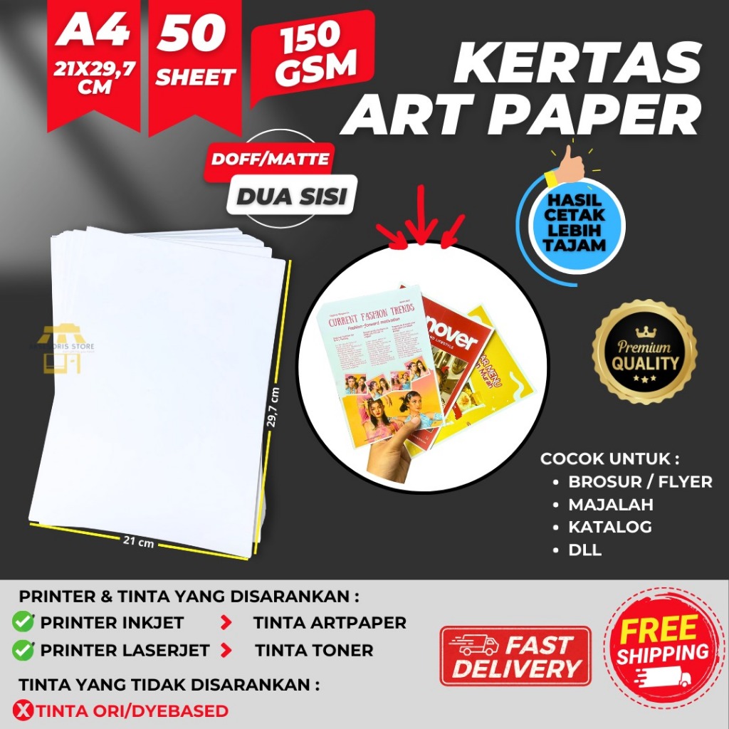 

KERTAS ART PAPER A4 150 GSM 2 SISI ISI 50 LEMBAR