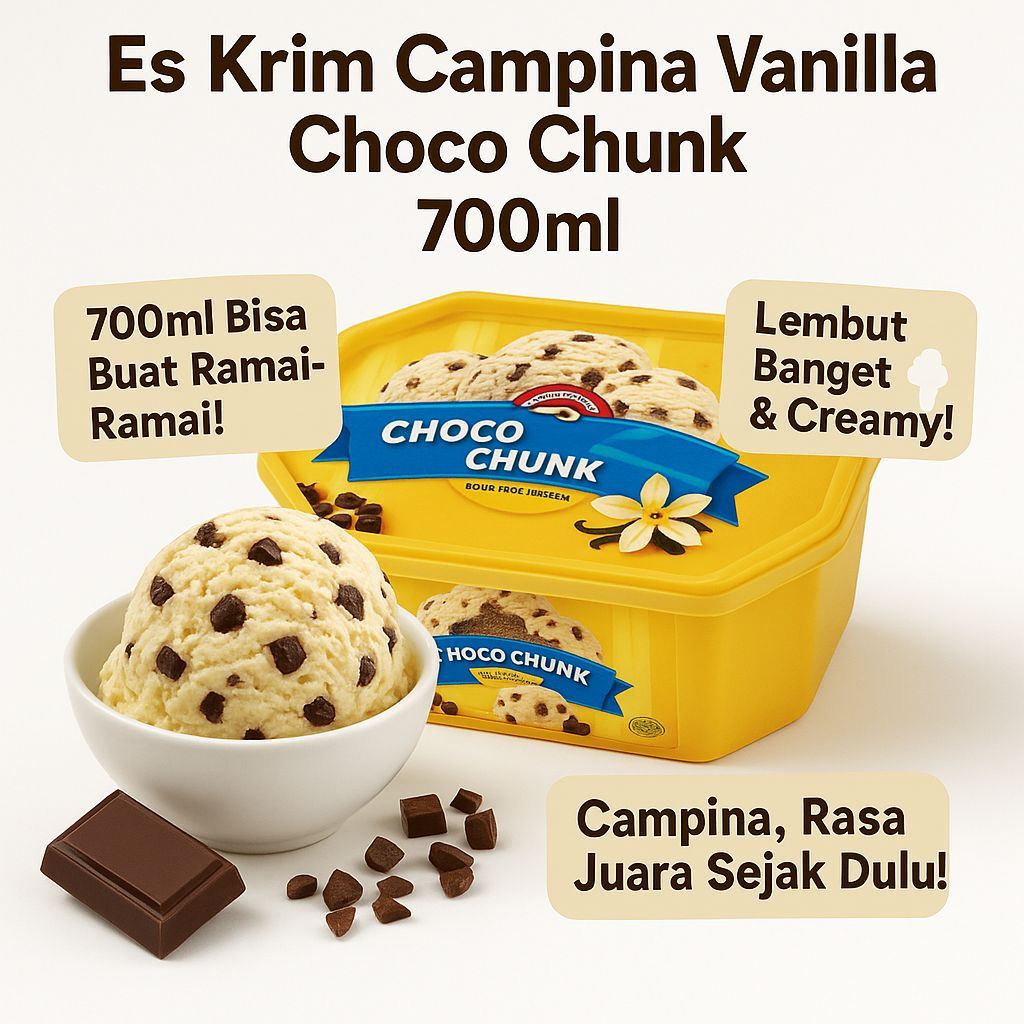 

Es Krim Campina Vanila choco chunk 700ml es cream vanila creamy dan lembut dengan potongan coklat
