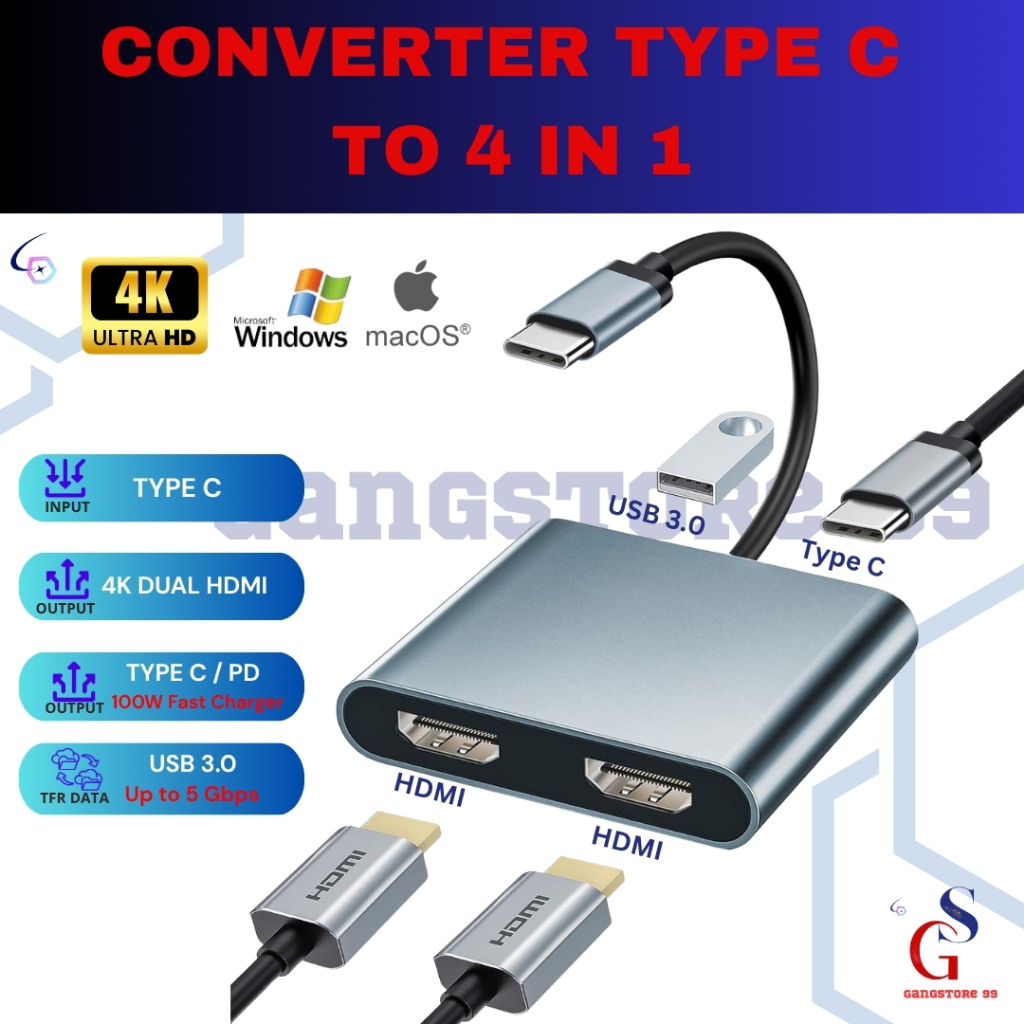 Converter 4in1 Type-C to HDMI HDMI 4K USB 3.0 Adaptor HDMI Type-C OTG CONVERTER TYPE C TO 4 IN 1 DUA