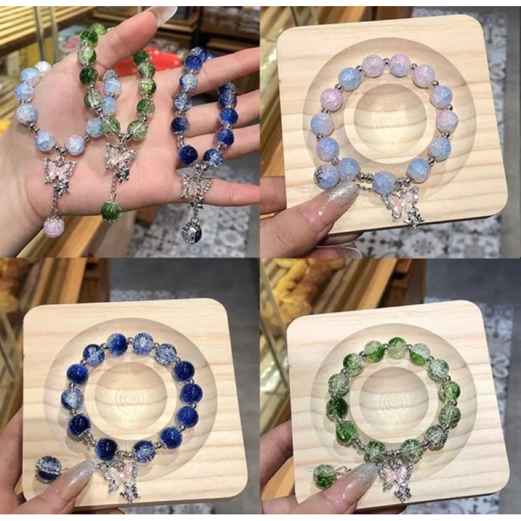 gelang manik kristal giok liontin kupu-kupu rantai silver