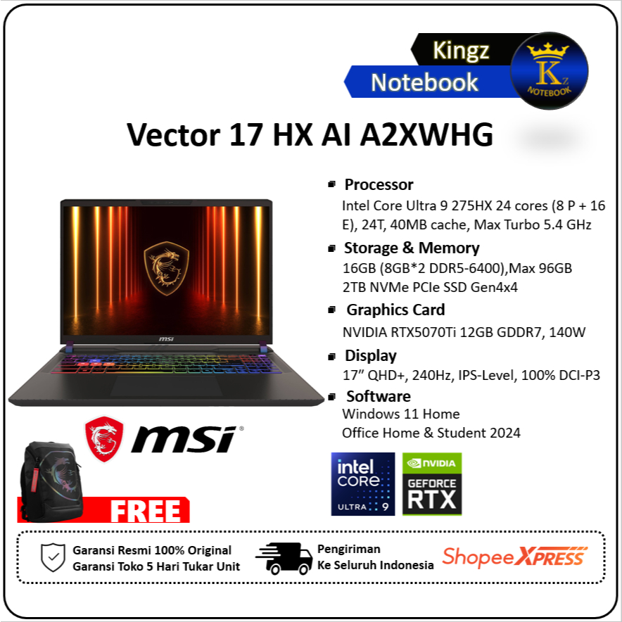 MSI Vector 17 HX AI RTX5070Ti Core Ultra 9 275HX 64GB 2TB Win11+Office 2024 17" QHD+ 240Hz