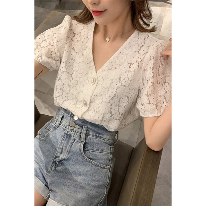 Blouse brukat putih wanita korea import T8725