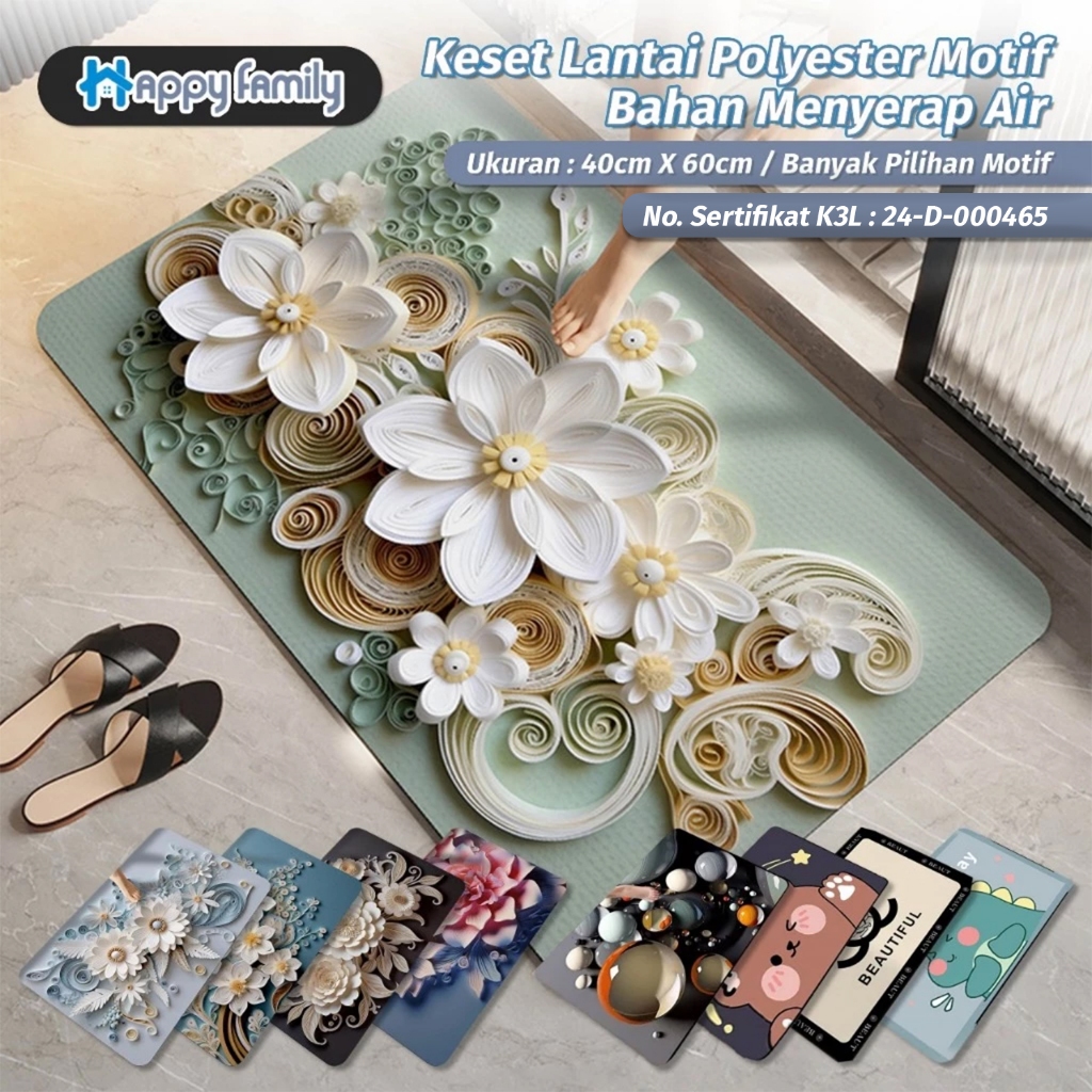 (HF) Keset Lantai Motif 3D Modern Polyester Anti Slip Cepat Serap Air 40x60CM Keset Kamar Mandi