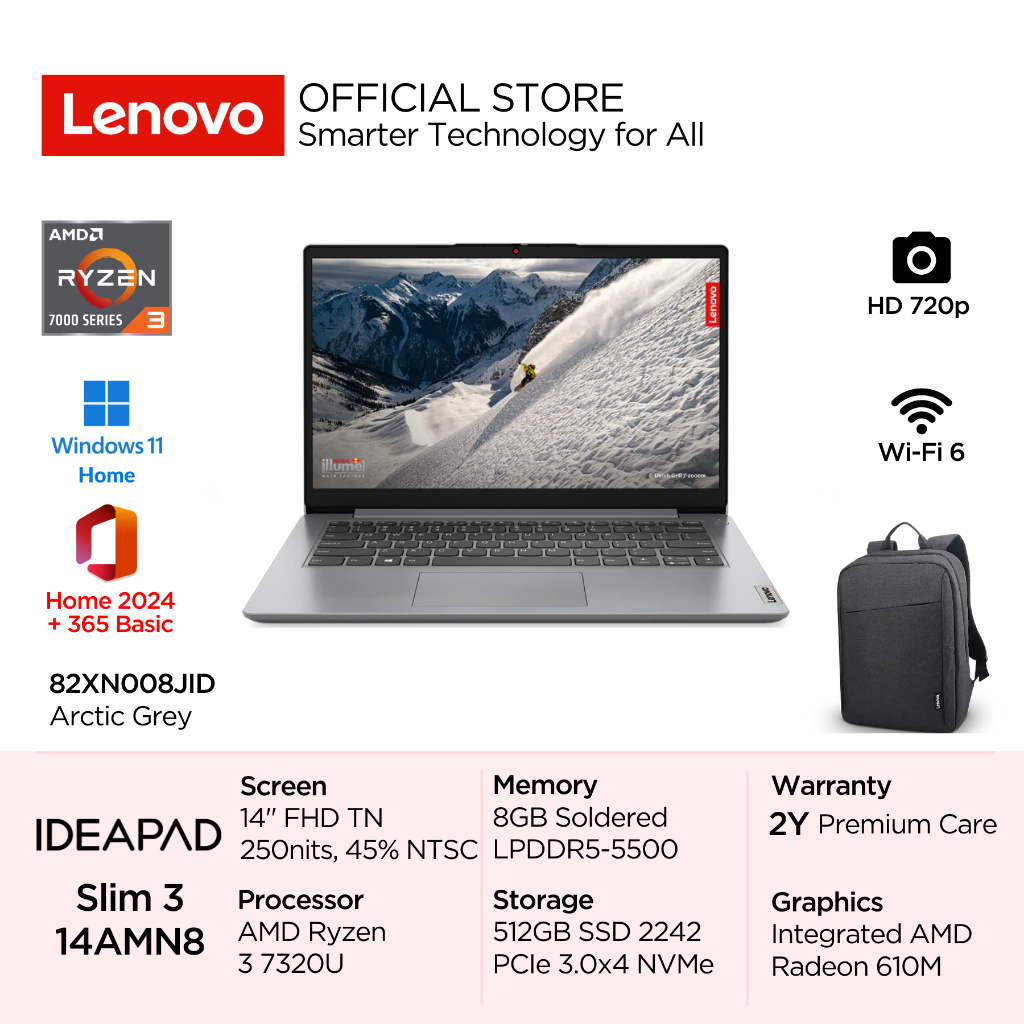 Lenovo IdeaPad Slim 3 14AMN8 AMD Ryzen 3 7320U Win11 8GB 512GB SSD 14" FHD TN 45% NTSC Antiglare Int