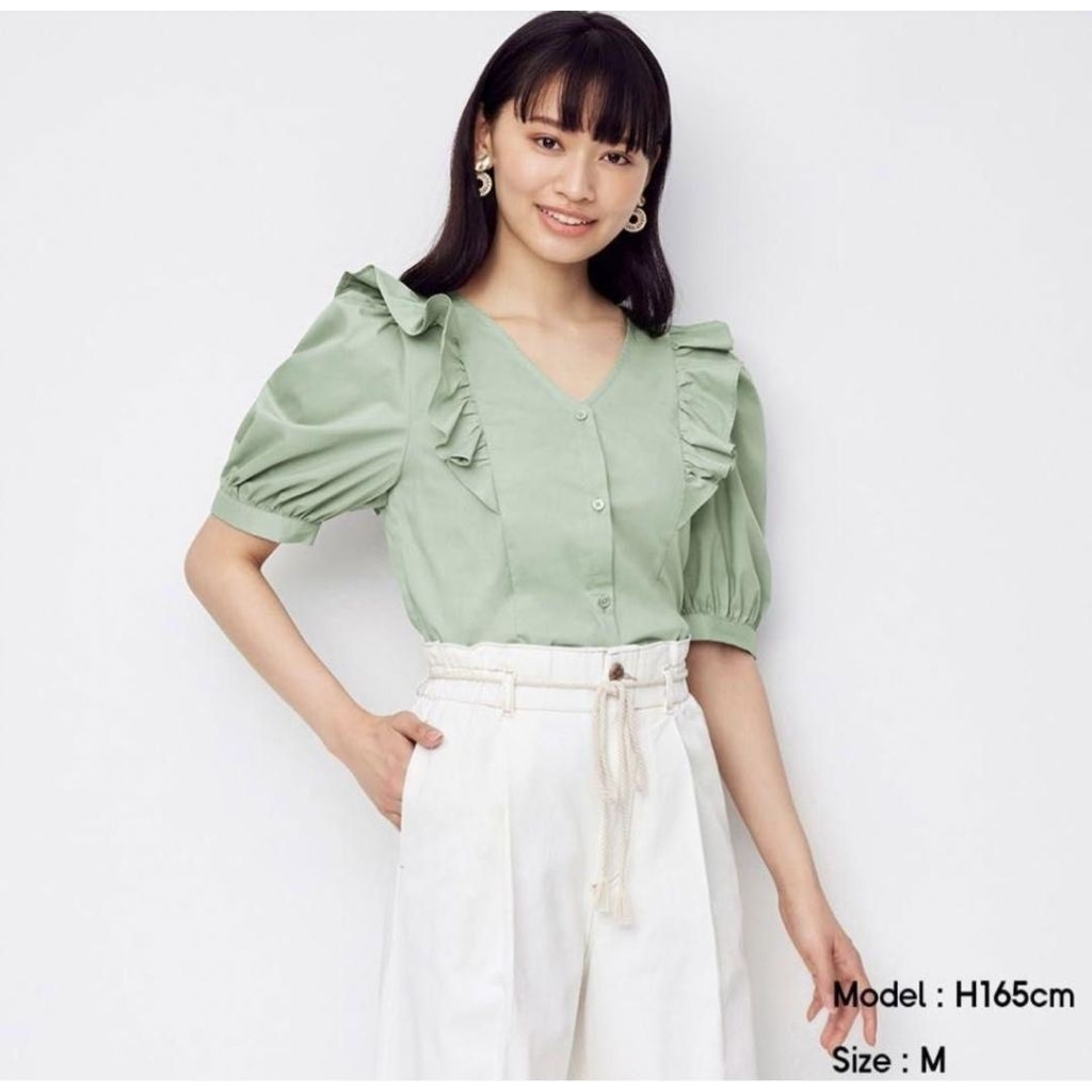 Global Uniqlo Ruffle Top sage